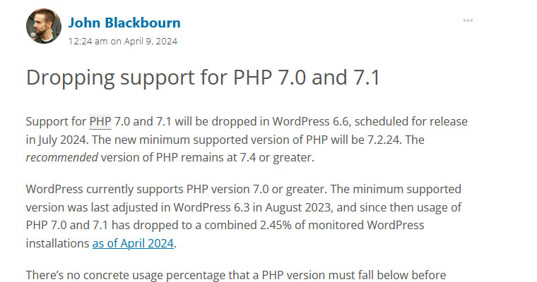 WordPress 6.6 da Php 7.0 ve 7.1 Desteği Kalkıyor